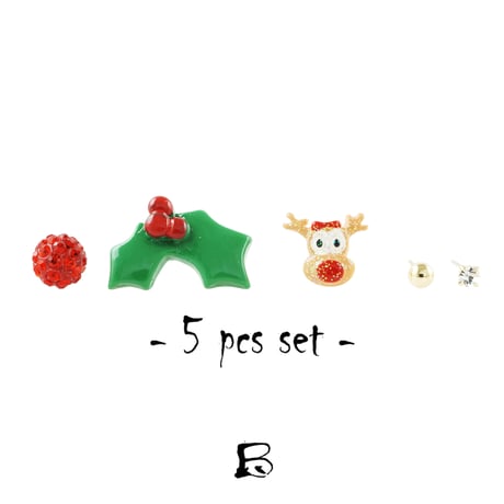 (5点セット）クリスマス Xmas ツリー トナカイ 柊 パヴェボール スター ゴールド ビジュー ピアス スタッドピアス  レディース  ユニセックス アクセサリー：PKS181201/2