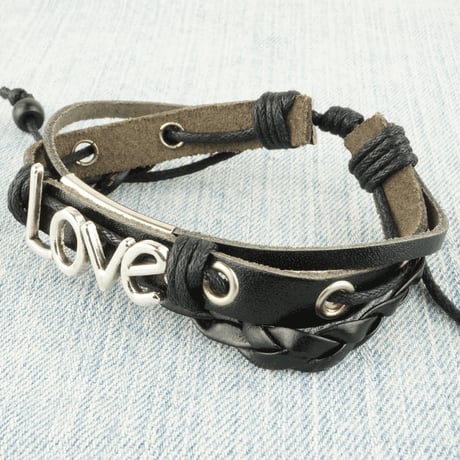 レザーコードブレスレット ☮∞♡LOVE ピースマーク 無限大ハート プレート付 ペアブレスレット メンズ レディース アクセサリー:MB160305