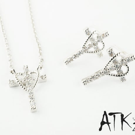 （ピアス ネックレス２点 セット BOX付ラッピング無料）クロス×オープンハート ラインストーン キュービックジルコニア ネックレス＆ピアスセット おしゃれ レディース 大人 アクセサリー