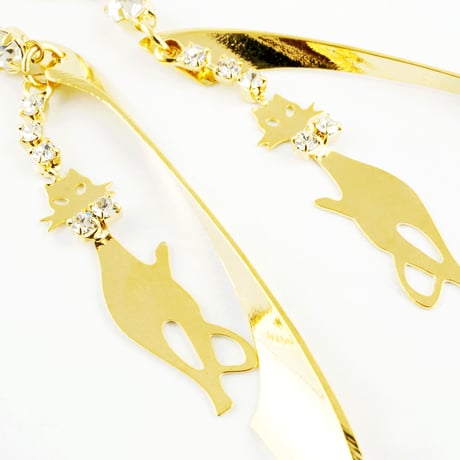 ネコ 猫 キャット フックピアス ジプシーピアス シルバー ゴールド ラインストーン ねこ大好き レディース アクセサリー おしゃれ：PL160402