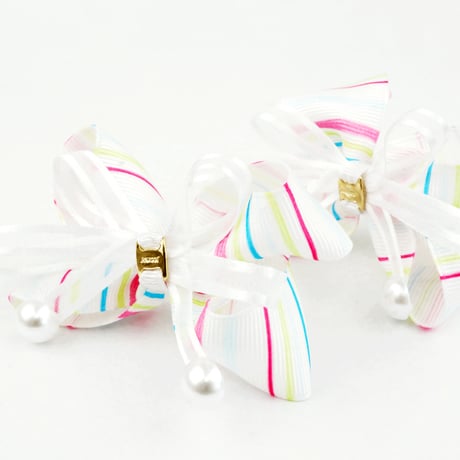 (2個セット） ストライプ リボン ストーン パール ヘアゴム ツインテール キッズ アクセサリー 卒業式 入学式 発表会 七五三 結婚式  パーティ  ヘアアクセサリー：HG160601P