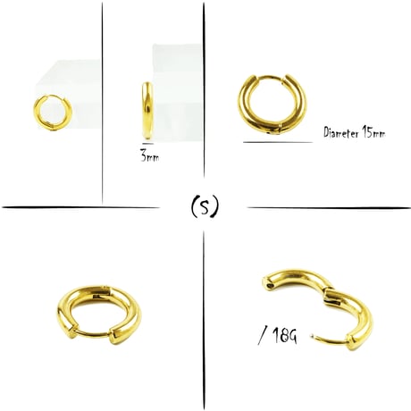 片耳用（1個売り）Gold リングピアス フープピアス シンプル 18G ステンレスピアス Surgical Steel 316L メンズ レディース ユニセックス アクセサリー：HPS191203