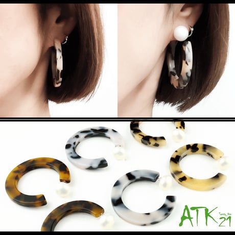 べっ甲 フープ スタッド 2way ピアス パール バックキャッチ きれいめ レトロ レディース アクセサリー：PBK170201
