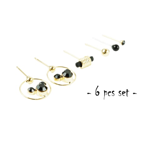 (6点セット）ミッキー モチーフ サークル クリア ブラック ゴールド セットピアス  スタッドピアス メンズ レディース  ユニセックス アクセサリー：PSS190501