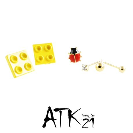 (6点セット）LEGOレゴ てんとう虫 ビジュー ゴールドボール ユニーク スタッド ピアス 可愛い メンズ レディース ユニセックス アクセサリー：PSS181110