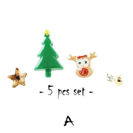 (5点セット）クリスマス Xmas ツリー トナカイ 柊 パヴェボール スター ゴールド ビジュー ピアス スタッドピアス  レディース  ユニセックス アクセサリー：PKS181201/2