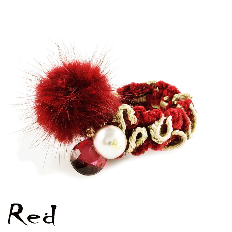 毛糸 ファー カラーパール ヘアゴム シュシュ じゃらじゃらゴム