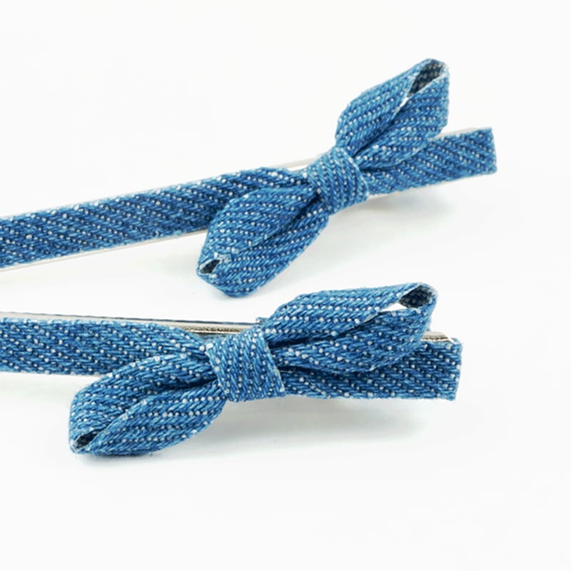 2本セット）リボン デニム ヘアクリップ ダッカールクリップ 前髪 髪