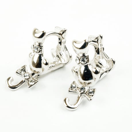 両耳用（2個セット） ねこモチーフ フープピアス しっぽが揺れる キュービックジルコニア シルバー フープ リング ピアス シンプル メンズ レディース おしゃれ アクセサリー：MPB160515