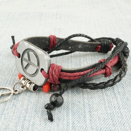 3連レザーコードブレスレット ☮♡LOVE ピースマーク リーフ ハート プレート付 ペアブレスレット メンズ レディース アクセサリー：MB160304