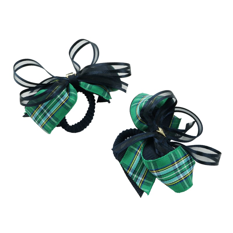 ⓝⓔⓦ【タータンチェックトリプル】ベビーヘアクリップ　キッズ　ヘアゴム 2点セット） グリーン ネイビー チェック柄 リボン ヘアゴム