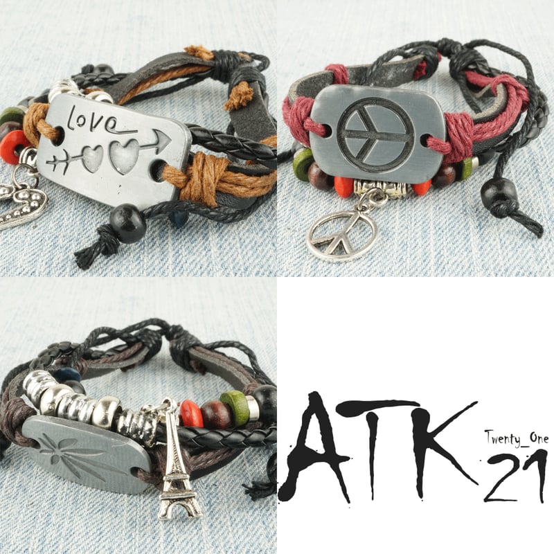 3連レザーコードブレスレット ☮♡LOVE ピースマーク リーフ ハート 