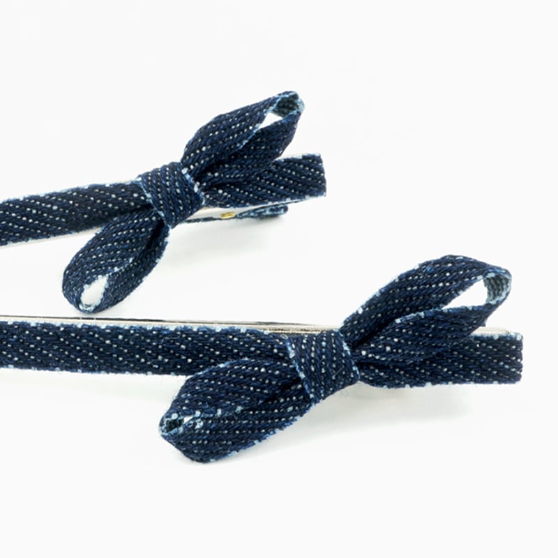 2本セット）リボン デニム ヘアクリップ ダッカールクリップ 前髪 髪