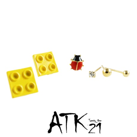 (6点セット）LEGOレゴ てんとう虫 ビジュー ゴールドボール ユニーク スタッド ピアス 可愛い メンズ レディース ユニセックス アクセサリー：PSS181110