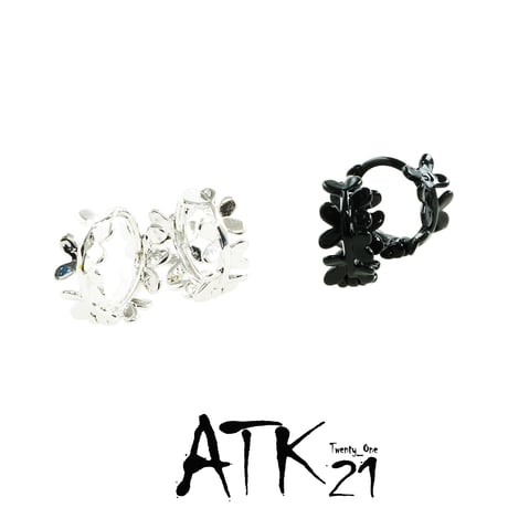 両耳用（2個セット）シンプル フラワーリース シルバー ブラック フープ リング ピアス メンズ レディース ユニセックス アクセサリー