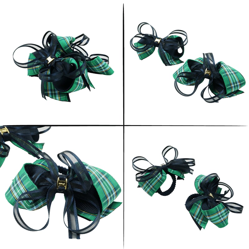 2点セット） グリーン ネイビー チェック柄 リボン ヘアゴム