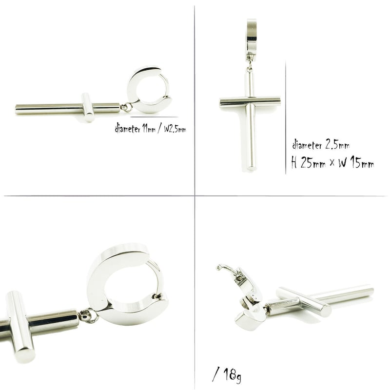 片耳用（1個売り）クロス 十字架 ぶら下がり フープ ピアス ステンレス