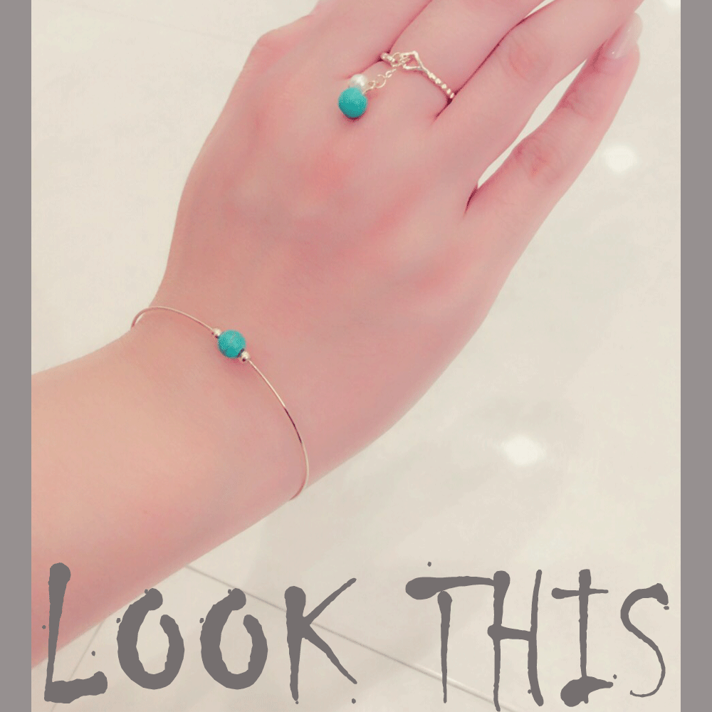 華奢なバングル ターコイズ ゴールド シンプル ブレスレット