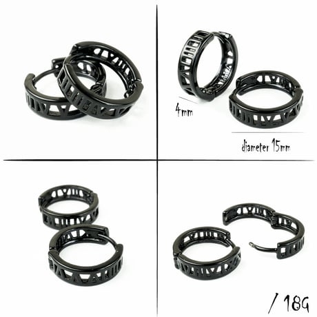 両耳用（2個セット）透かし ローマ数字 ブラック フープ リング ピアス シンプル メンズ レディース アクセサリー：MPB160505