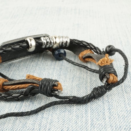 3連レザーコードブレスレット ☮♡LOVE ピースマーク リーフ ハート プレート付 ペアブレスレット メンズ レディース アクセサリー：MB160304