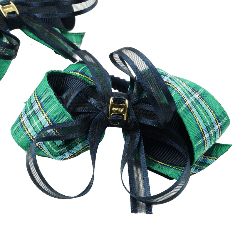 2点セット） グリーン ネイビー チェック柄 リボン ヘアゴム