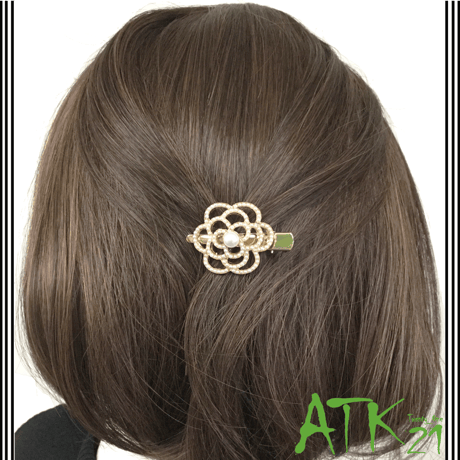 カメリア モチーフ パール ゴールド  ヘアクリップ ダッカール くちばしクリップ 上品 大人アクセ 簡単ヘアアレンジ レディース ヘアアクセサリー：HD171211