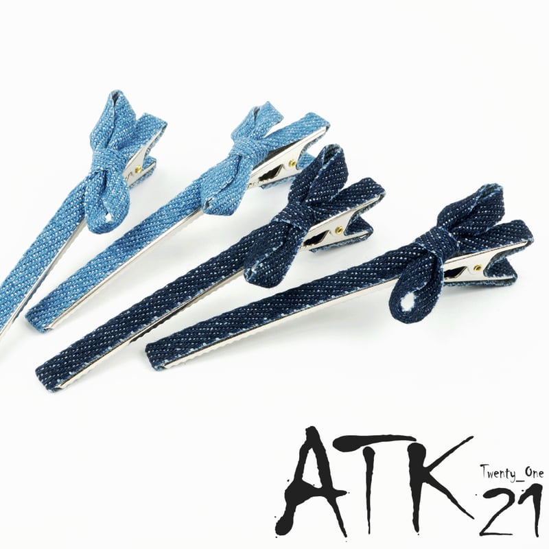 2本セット）リボン デニム ヘアクリップ ダッカールクリップ 前髪 髪