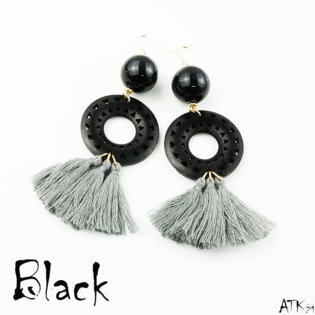 ウッドサークルモチーフピアス  フリンジ ウッド ピアス エスニック ボヘミアン  レディース アクセサリー：PHL170801