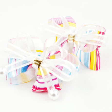 (2個セット） ストライプ リボン ストーン パール ヘアゴム ツインテール キッズ アクセサリー 卒業式 入学式 発表会 七五三 結婚式  パーティ  ヘアアクセサリー：HG160601P