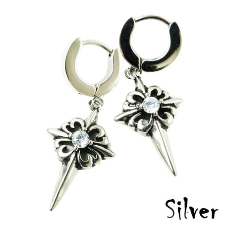 両耳用（2点セット）透かし クロス フープピアス 一粒ジルコニア 18G ステンレスピアス Surgical Steel 316L メンズ：MPS181003