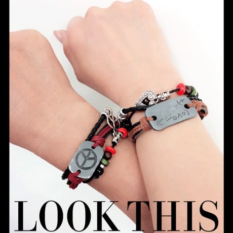 3連レザーコードブレスレット ☮♡LOVE ピースマーク リーフ ハート プレート付 ペアブレスレット メンズ レディース アクセサリー：MB160304