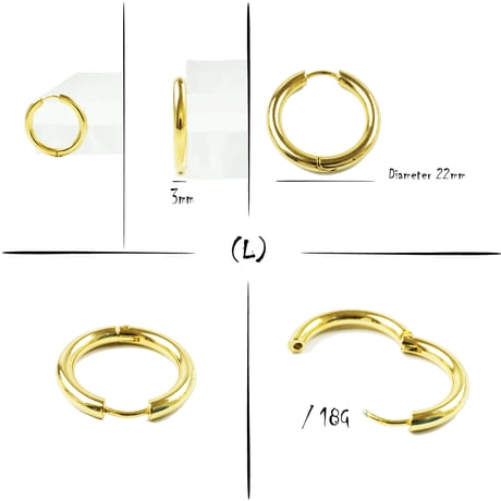 片耳用（1個売り）Gold リングピアス フープピアス シンプル 18G ステンレスピアス Surgical Steel 316L メンズ レディース ユニセックス アクセサリー：HPS191203