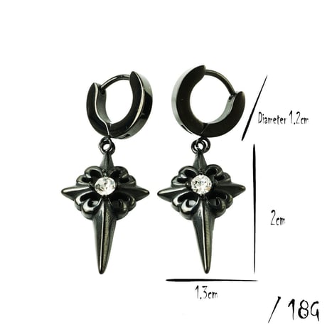 両耳用（2点セット）透かし クロス フープピアス 一粒ジルコニア 18G ステンレスピアス Surgical Steel 316L メンズ：MPS181003