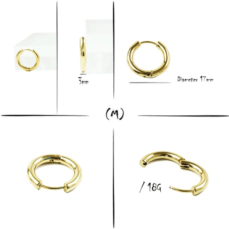 片耳用（1個売り）Gold リングピアス フープピアス シンプル 18G ステンレスピアス Surgical Steel 316L メンズ レディース ユニセックス アクセサリー：HPS191203