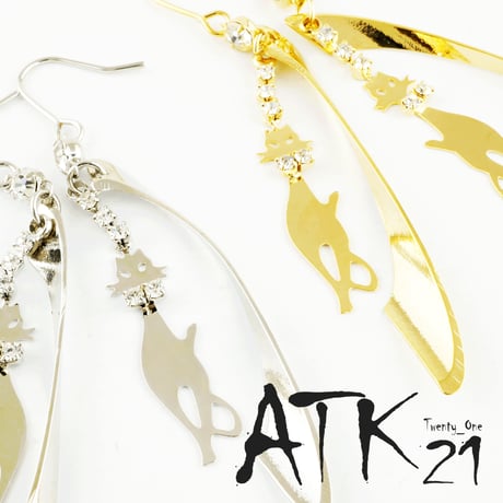 ネコ 猫 キャット フックピアス ジプシーピアス シルバー ゴールド ラインストーン ねこ大好き レディース アクセサリー おしゃれ：PL160402