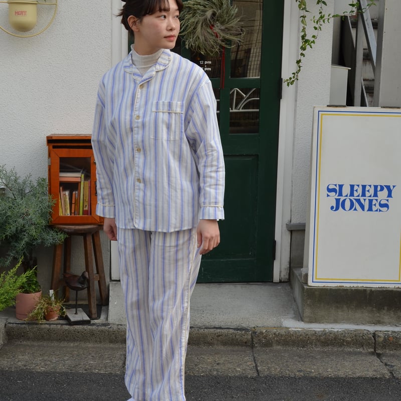 june pajama set blue stripe with ivory piping |
