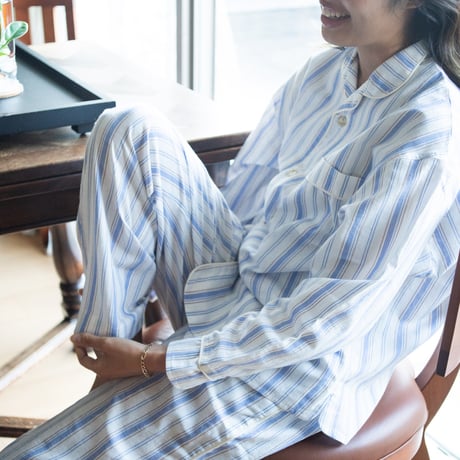 june pajama set blue stripe with ivory piping