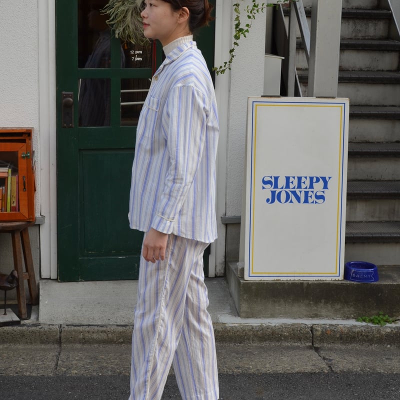 june pajama set blue stripe with ivory piping | 