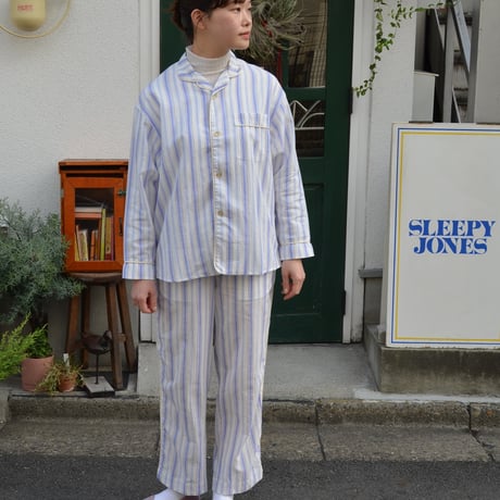 june pajama set blue stripe with ivory piping