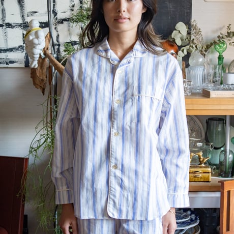 june pajama set blue stripe with ivory piping