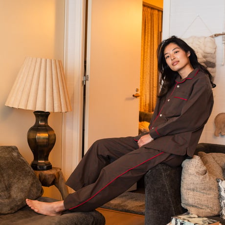 june pajama set brown check with red piping