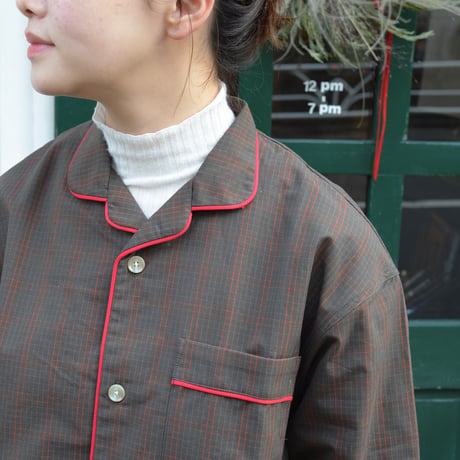 june pajama set brown check with red piping