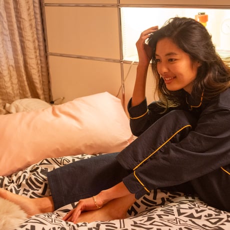 june pajama set navy quilting with yellow piping