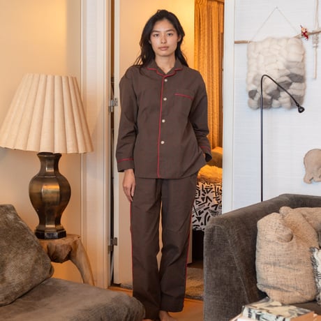 june pajama set brown check with red piping