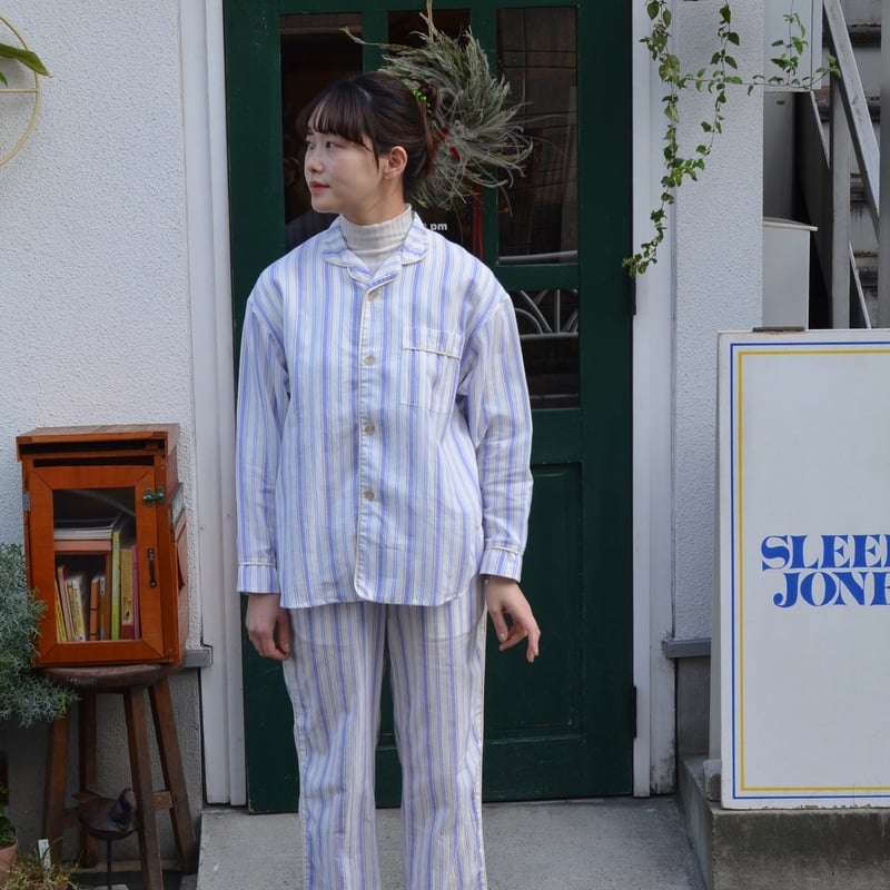 june pajama set blue stripe with ivory piping |