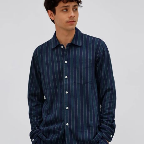 SLEEPY JONES / HENRY PAJAMA SET Navy and Gold Flannel Stripe