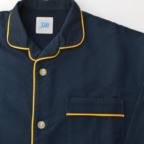 june pajama set navy quilting with yellow piping