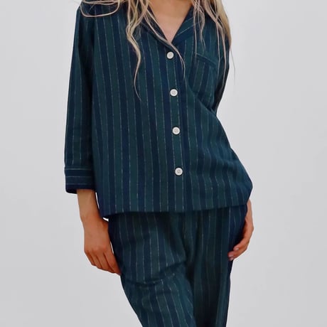 SLEEPY JONES / MARINA PAJAMA SET  Green Navy and Gold Flannel Stripe