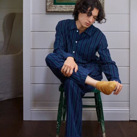 SLEEPY JONES / HENRY PAJAMA SET Navy and Gold Flannel Stripe