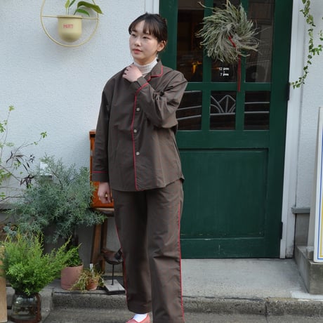 june pajama set brown check with red piping
